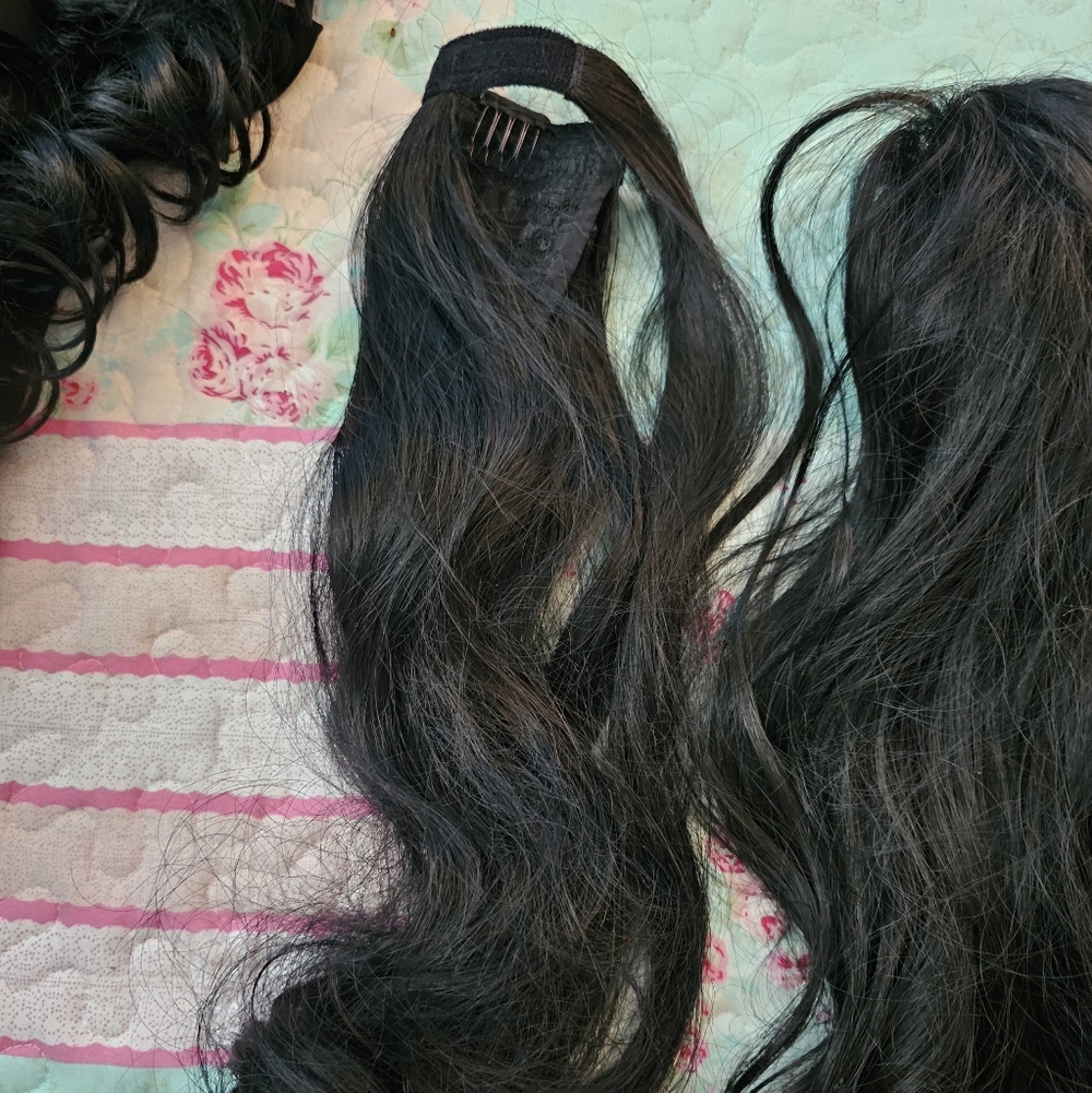 4 Black Clip In Hair Ponies, 1 Velcro Pony  ,2 Versible Long Wraps For Up dos - Picture 3 of 4